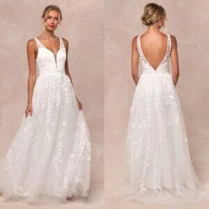 Lulus Boundless Romance White Floral Lace Embroidery Tulle Maxi Dress Large NWOT
